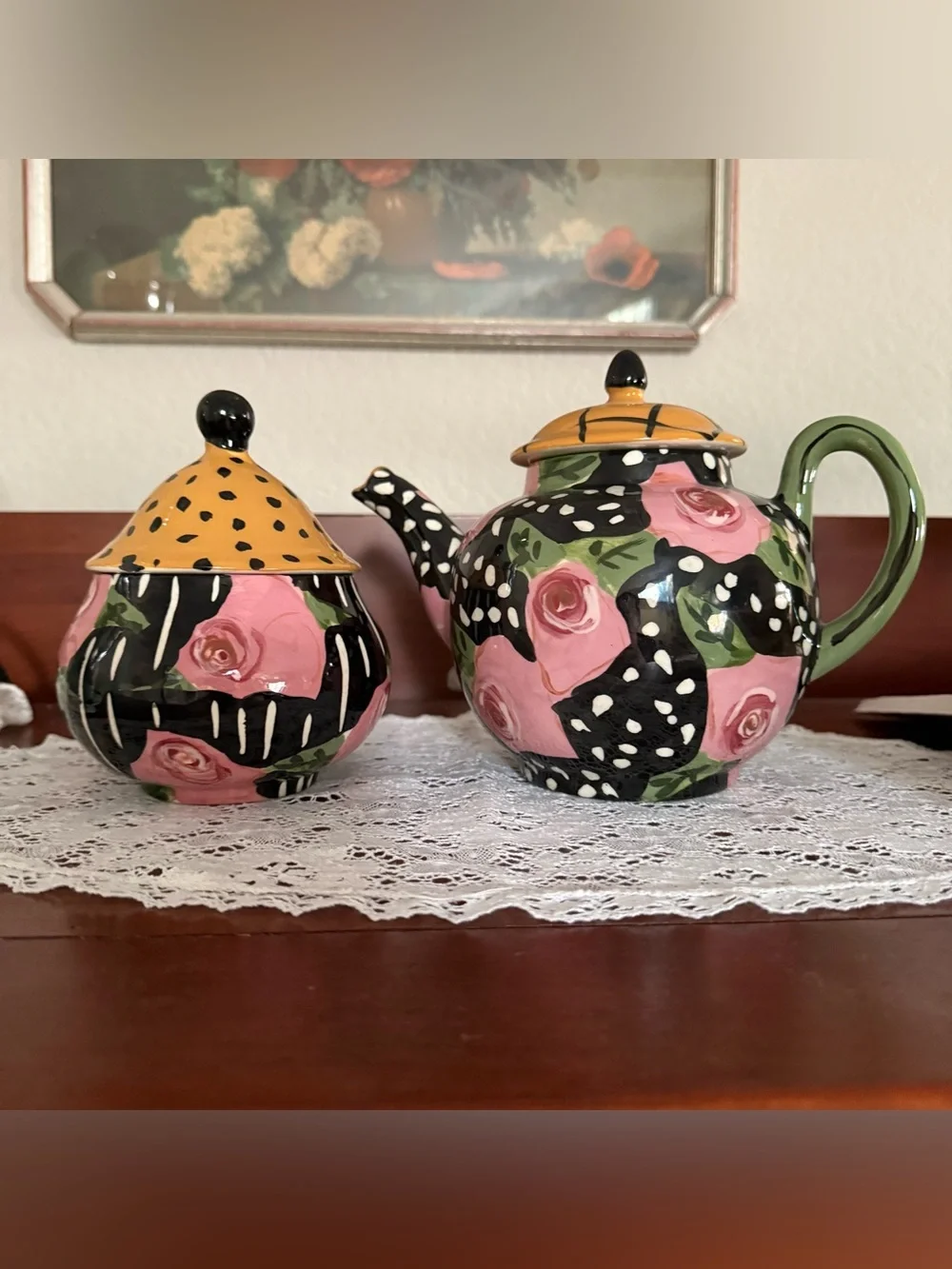Vintage Droll Designs Hand-Painted Teapot and Lidded Sugar Bowl Set